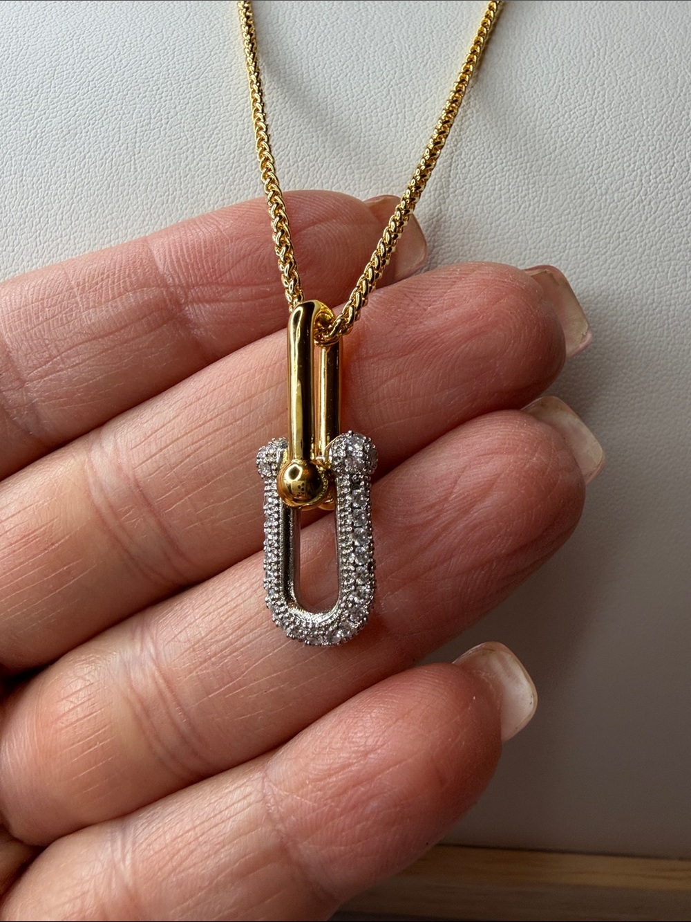 14K GF Two-Tone Pave U-Link Pendant Necklace in Gold and Silver